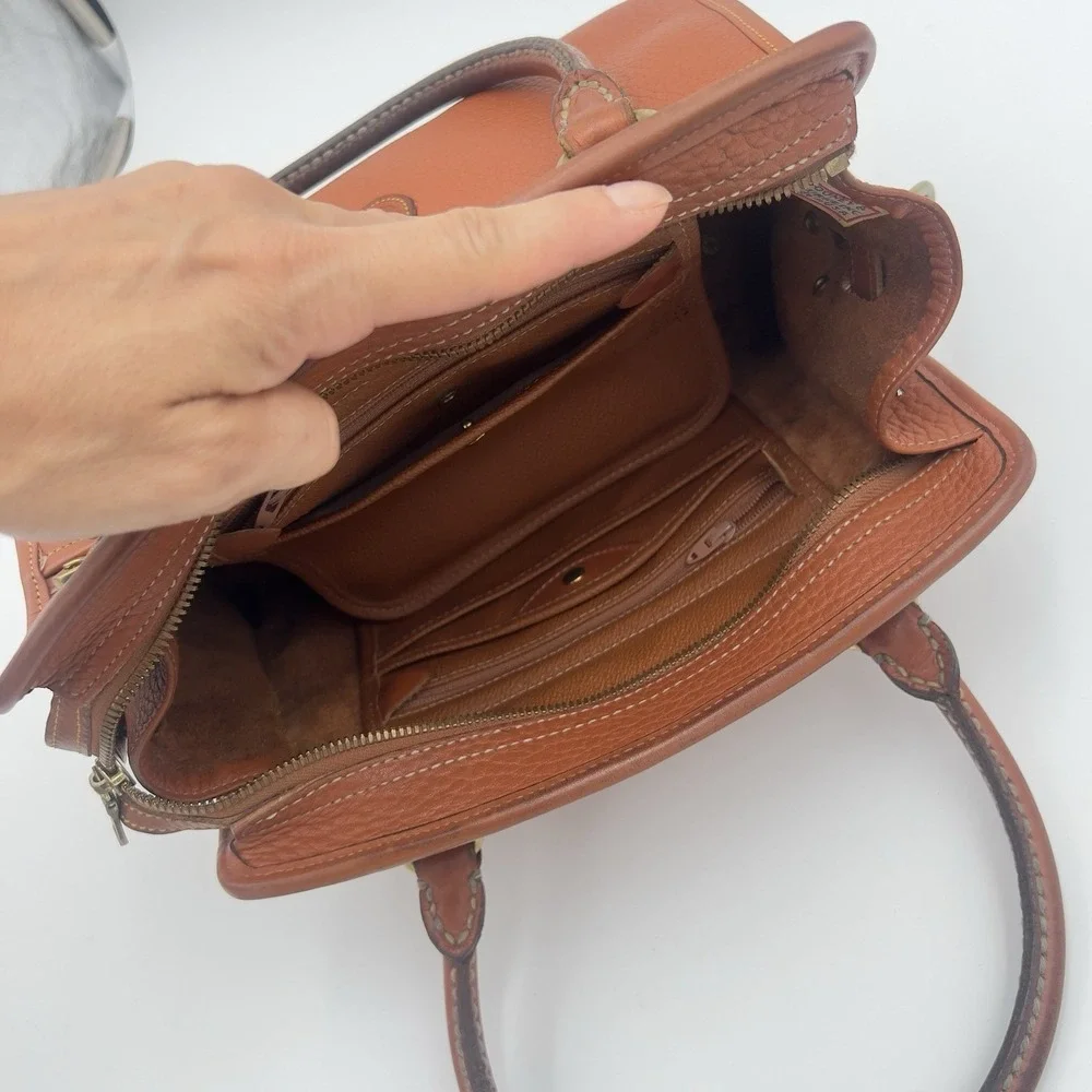 Dooney & Bourke Brown Pebbled Satchel Top Handle Bag Gold Hardware Zip Strap